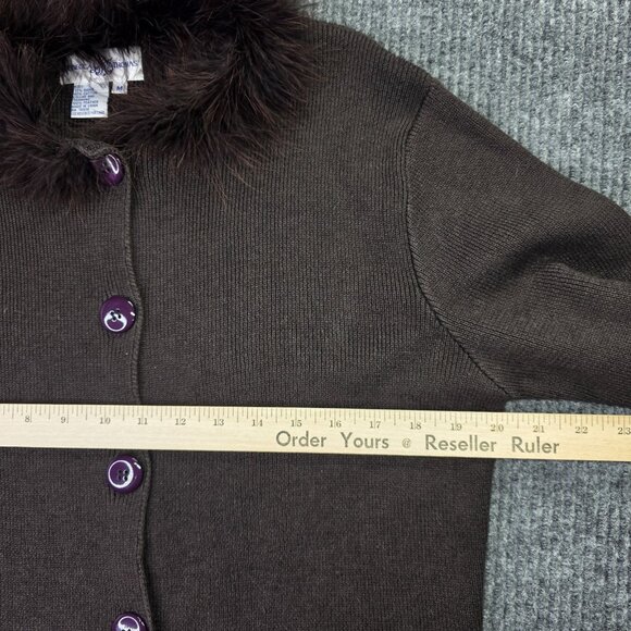 Rebecca Thomas Sweater Womens Medium Brown Feather Trim Cardigan Button Up - Picture 9 of 14